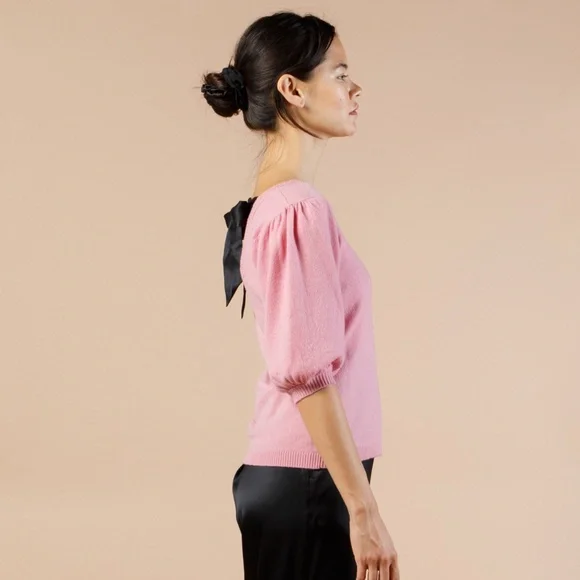 Cashmere Puff Sleeve Top Square Neck, Pink Cashmere Sweater w Silk Bow S,M,L,XL - Picture 6 of 9